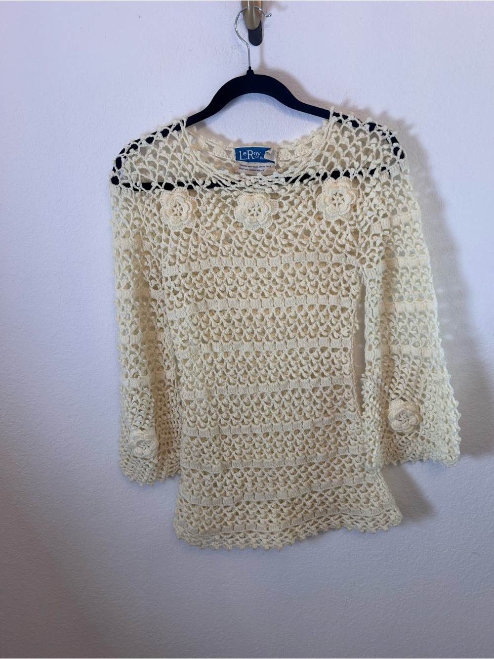 VTG Cream Crochet Knit Women's Sweater fairycore y2k Cottagecore 3d rosettes S